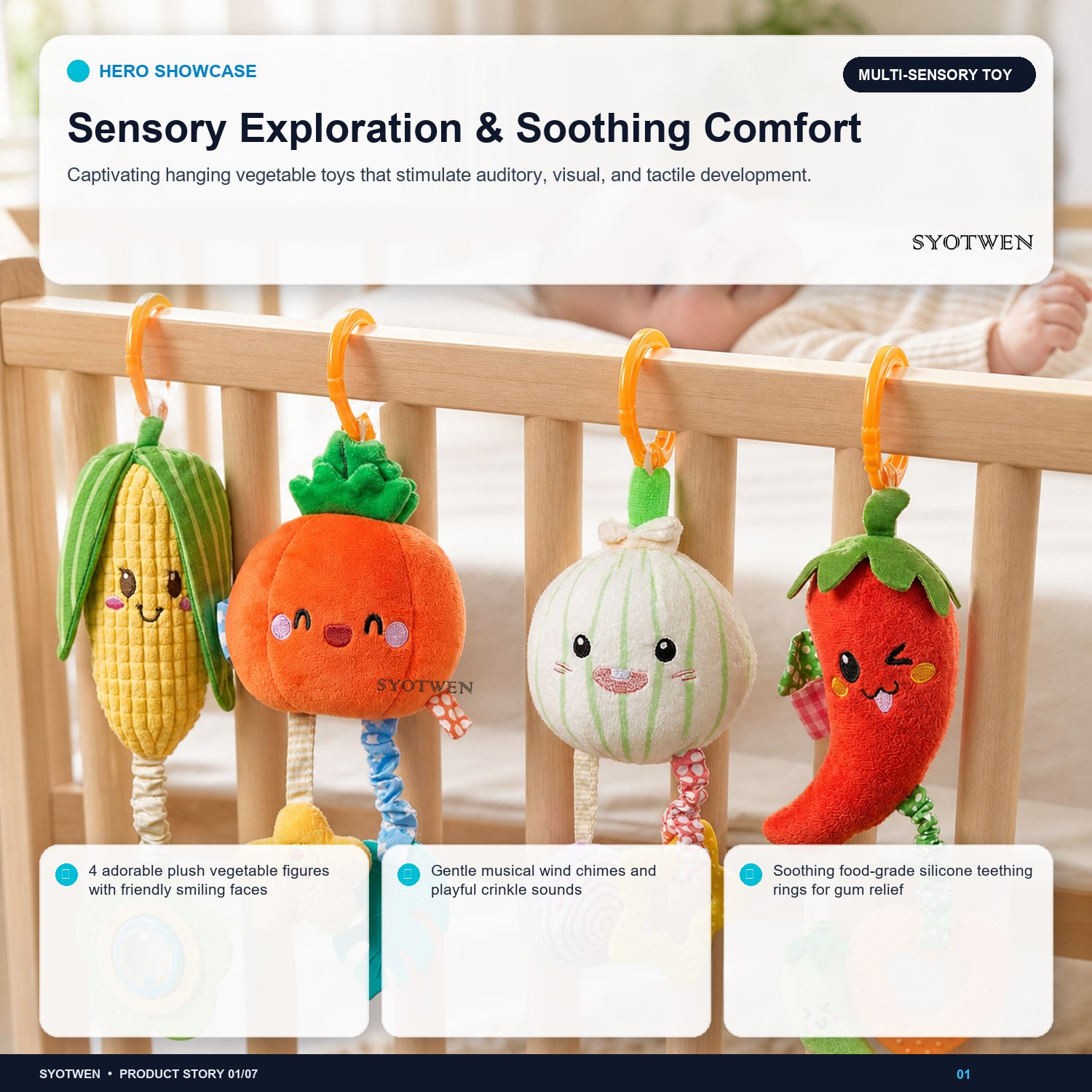 SYOTWEN Hanging Vegetable & Animal Sensory Crib & Stroller Toy Set