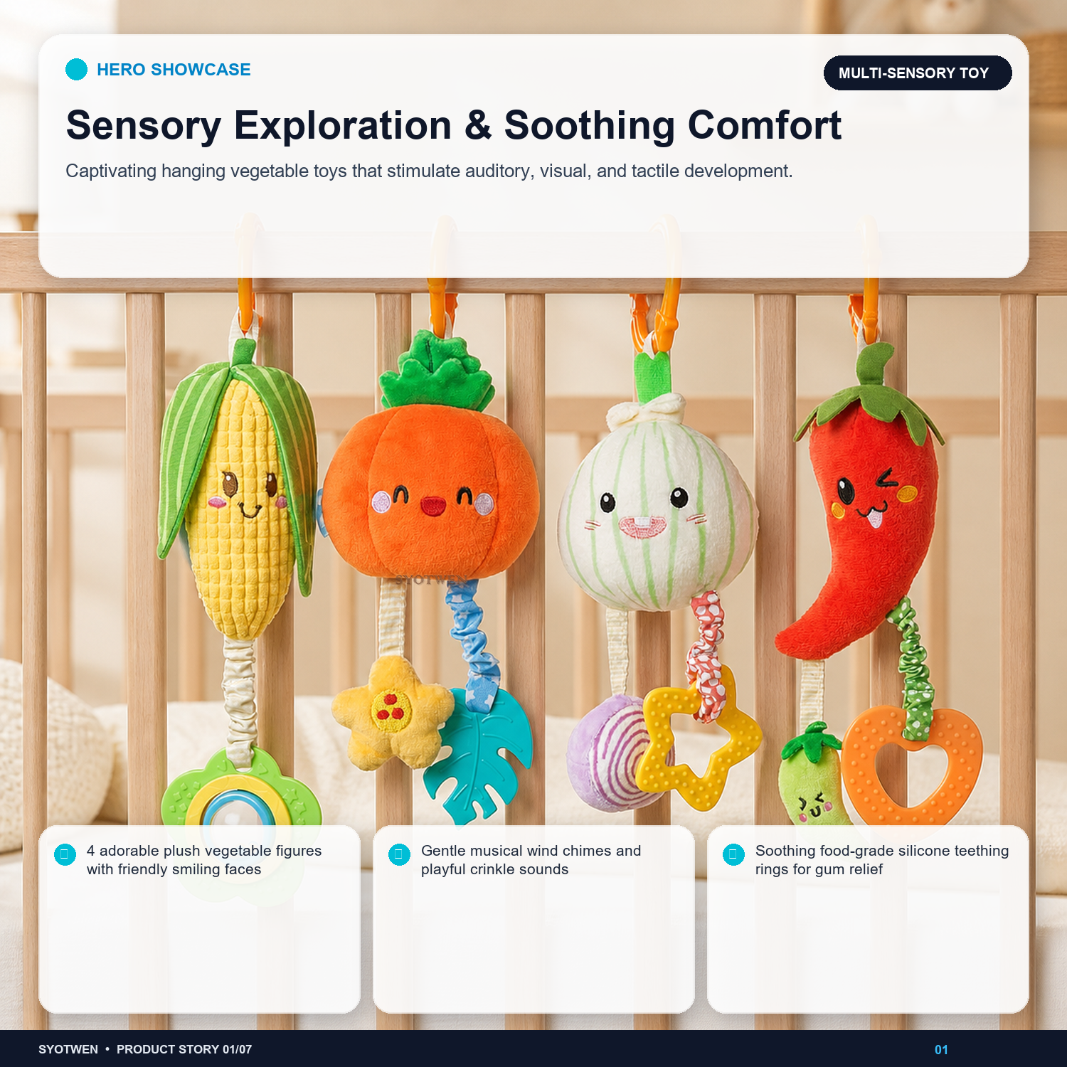 SYOTWEN Hanging Vegetable & Animal Sensory Crib & Stroller Toy Set