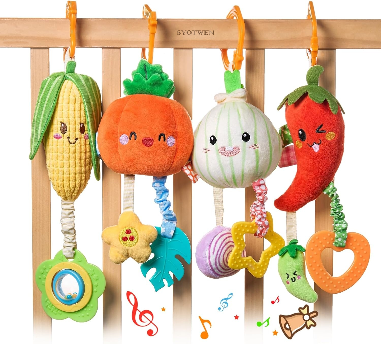 SYOTWEN Hanging Vegetable & Animal Sensory Crib & Stroller Toy Set