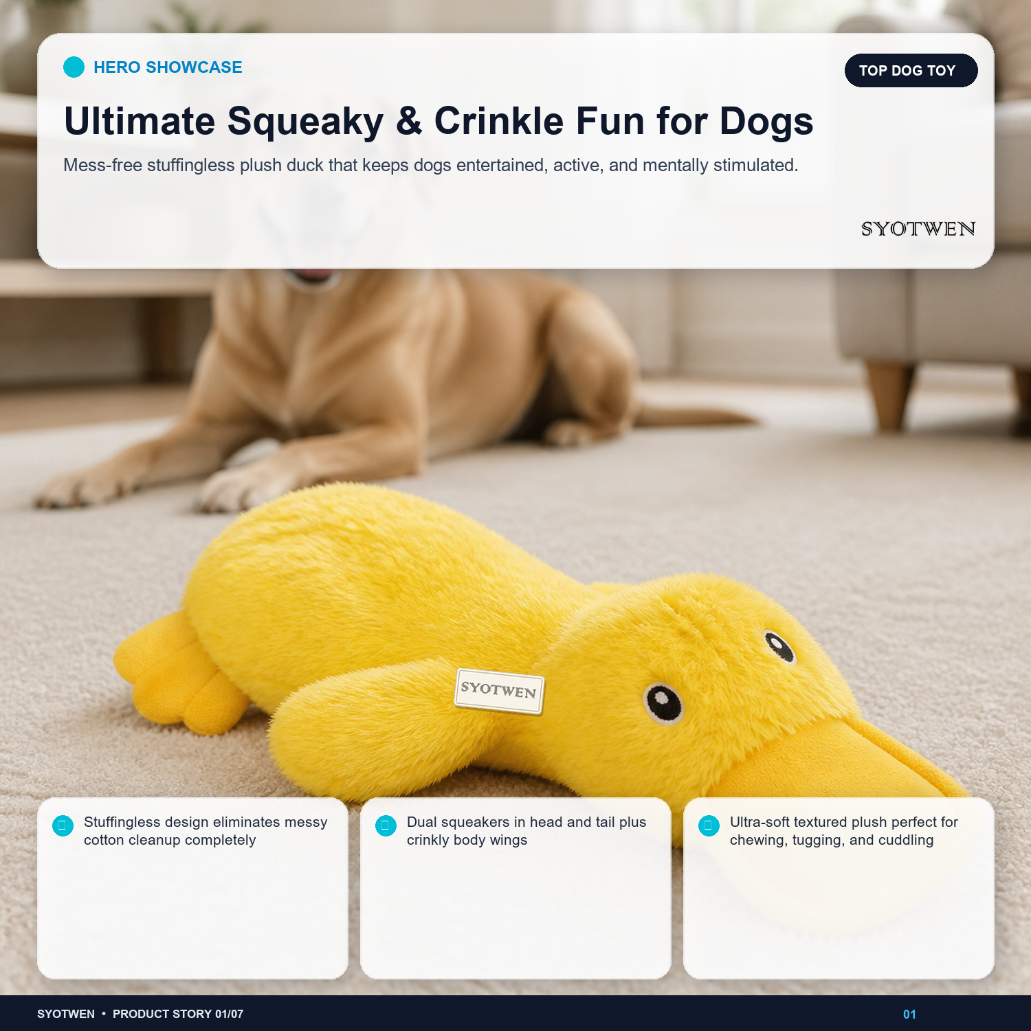 SYOTWEN Stuffingless Squeaky Plush Duck Interactive Dog Chew Toy