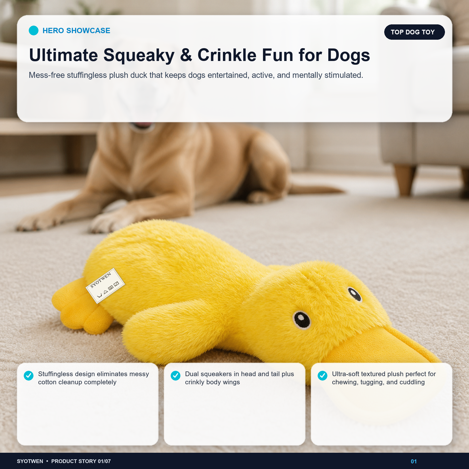 SYOTWEN Stuffingless Squeaky Plush Duck Interactive Dog Chew Toy