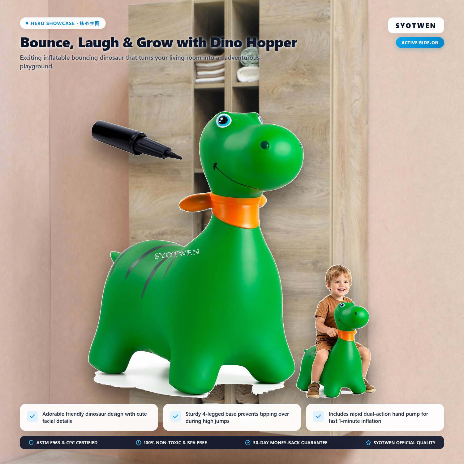 SYOTWEN Inflatable Bouncing Dinosaur Hopper Ride-On Toy with Hand Pump