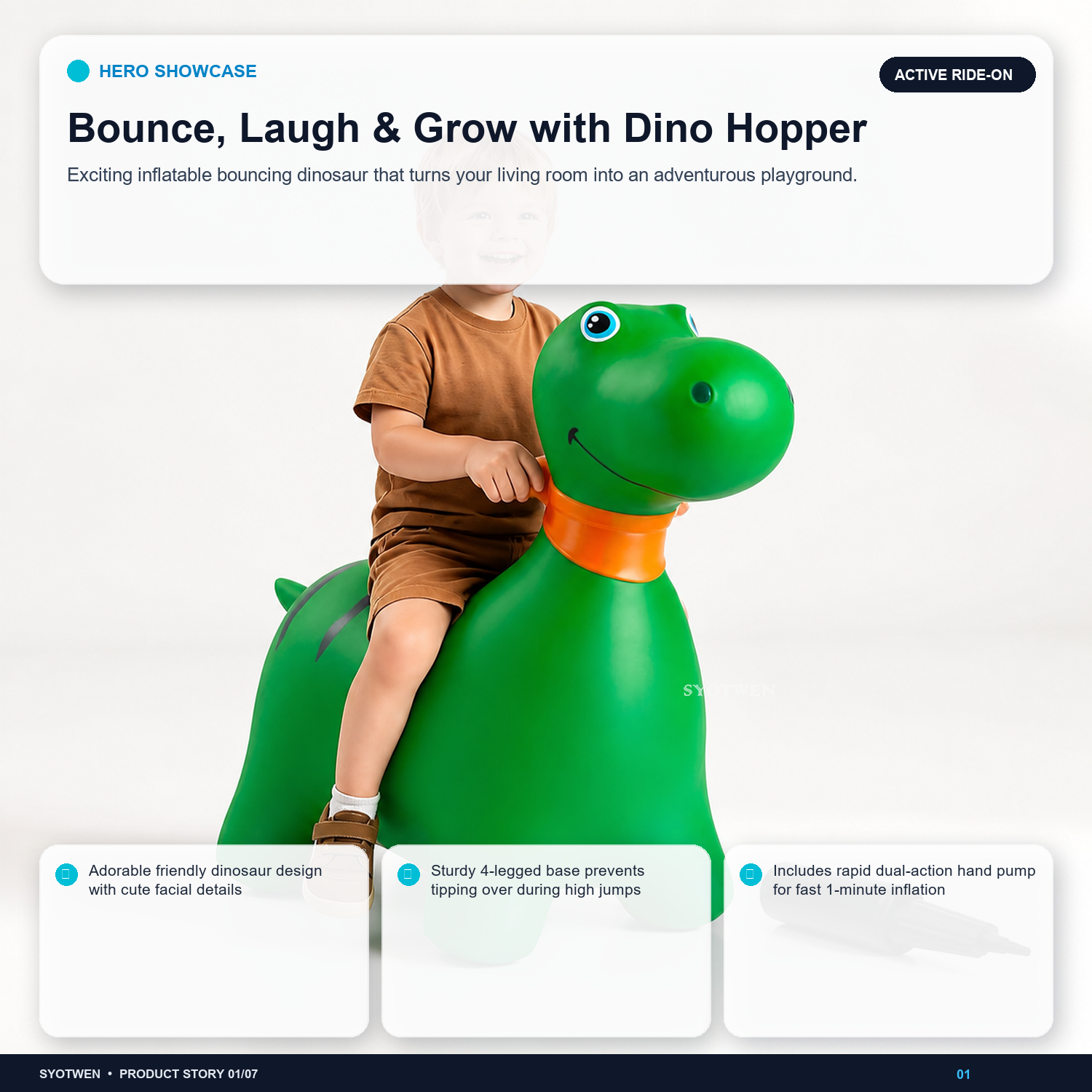 SYOTWEN Inflatable Bouncing Dinosaur Hopper Ride-On Toy with Hand Pump
