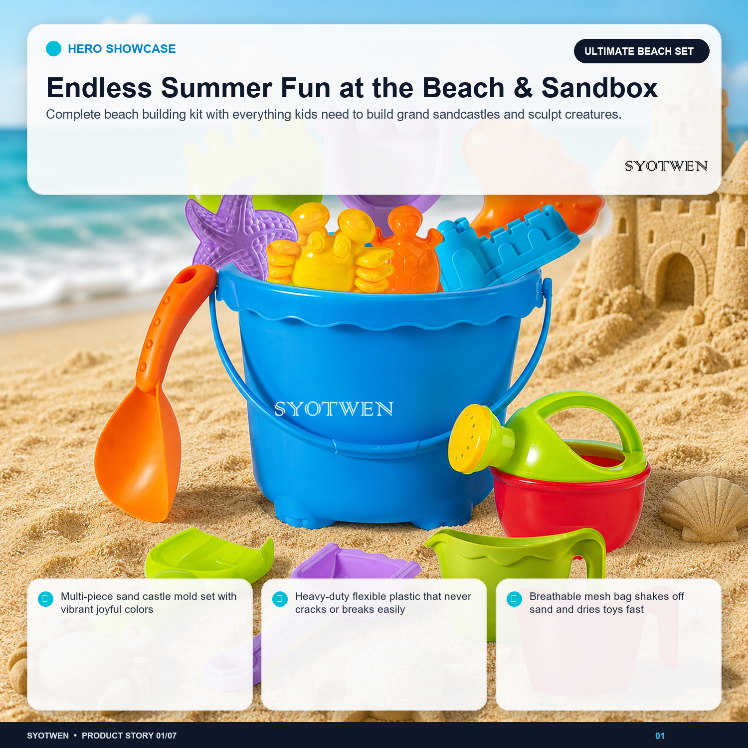 SYOTWEN Beach Sand Toys Set with Castle Bucket, Shovels, Watering Can & Molds