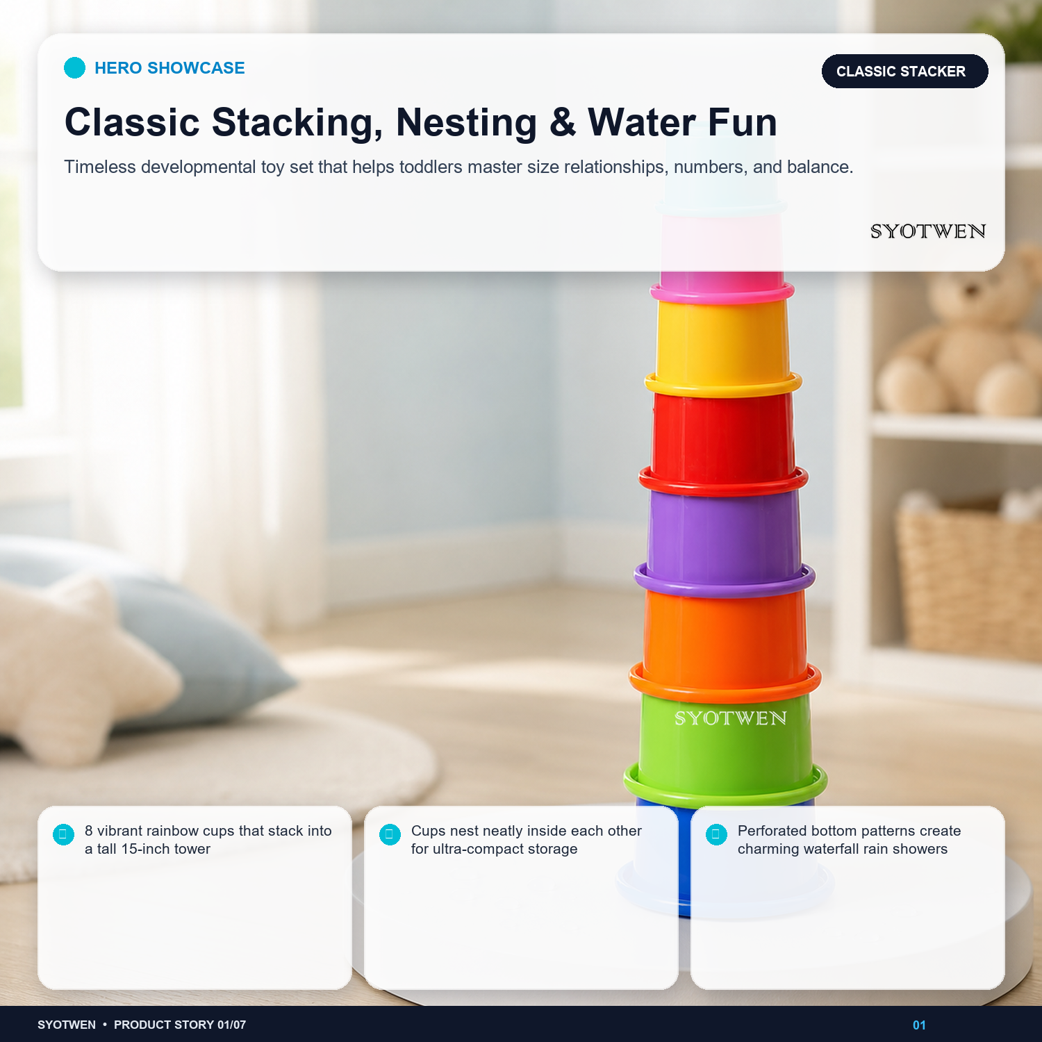 SYOTWEN Rainbow Stacking & Nesting Cups Educational Toy Set (8 Pcs)