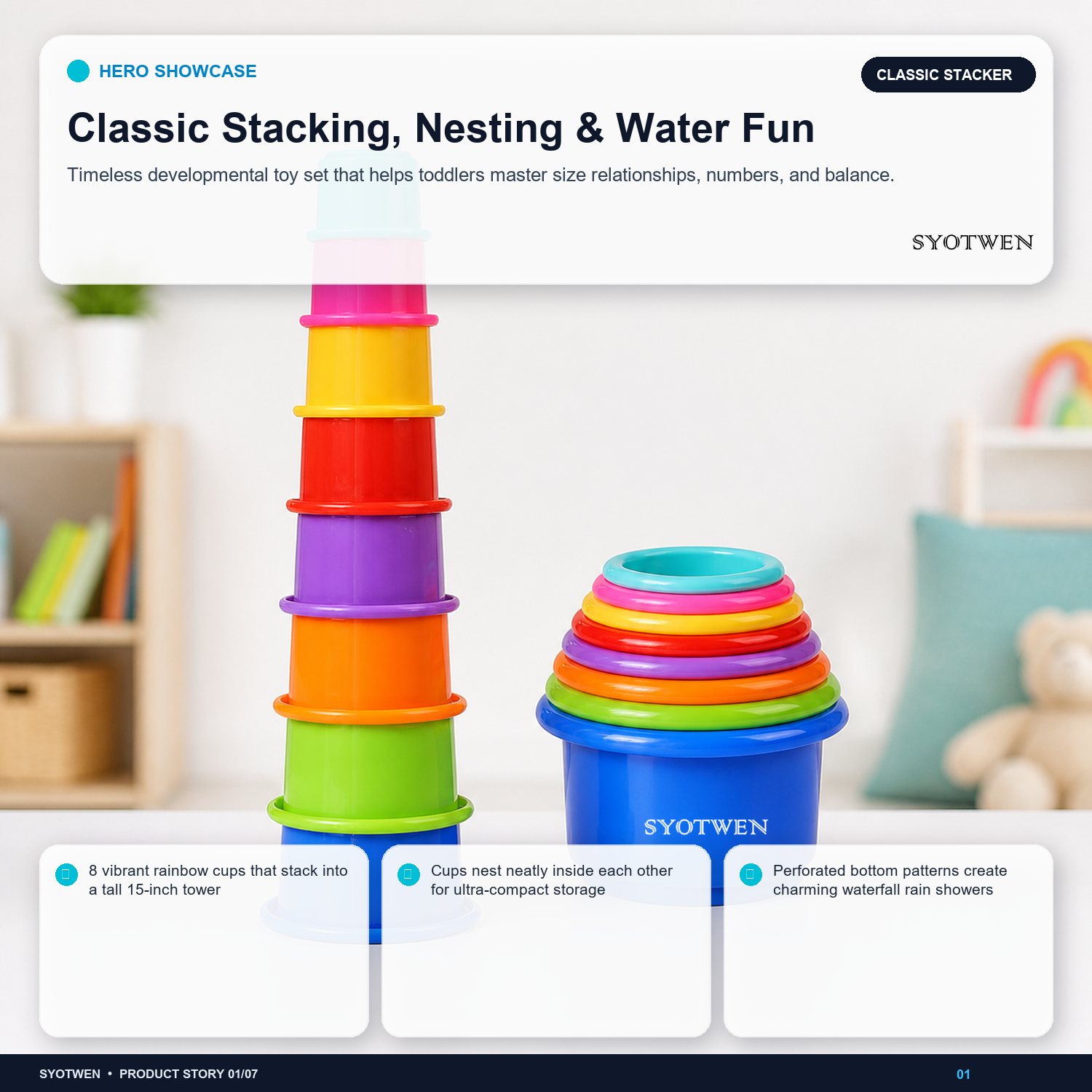 SYOTWEN Rainbow Stacking & Nesting Cups Educational Toy Set (8 Pcs)