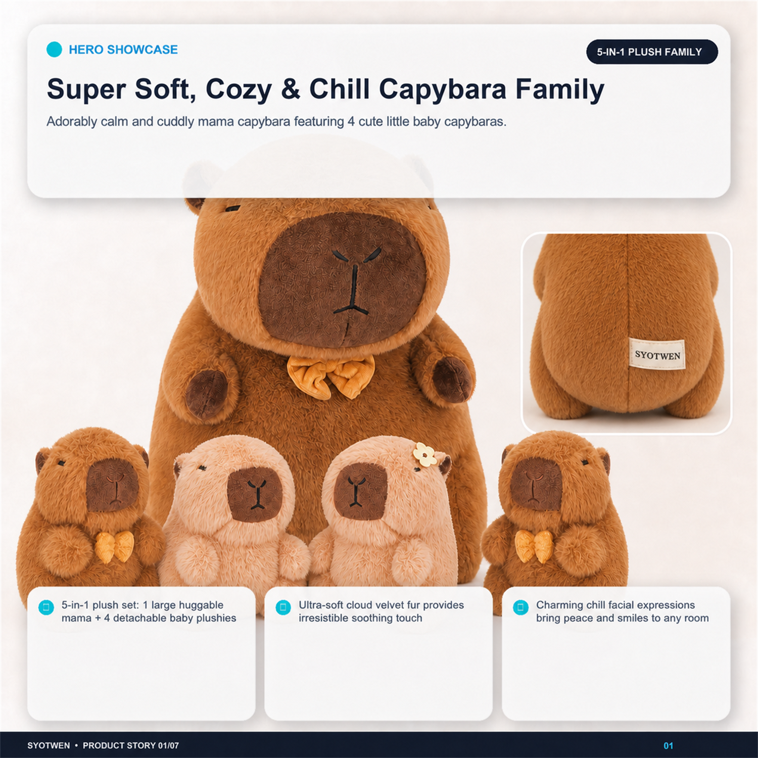 SYOTWEN Capybara Family Plush Stuffed Animal Toy & Hugging Pillow Set