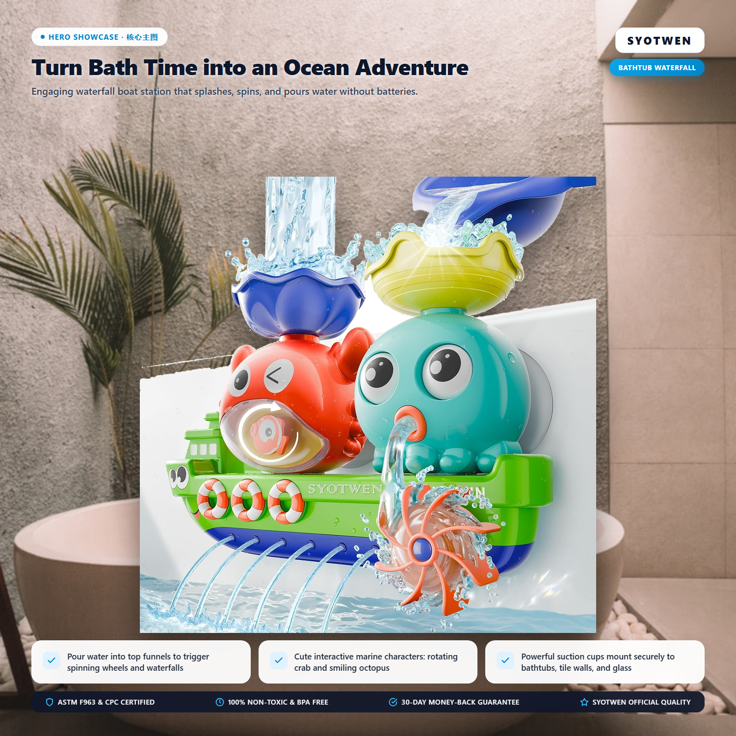 SYOTWEN Bathtub Waterfall Boat & Water Wheel Interactive Bath Toy Set