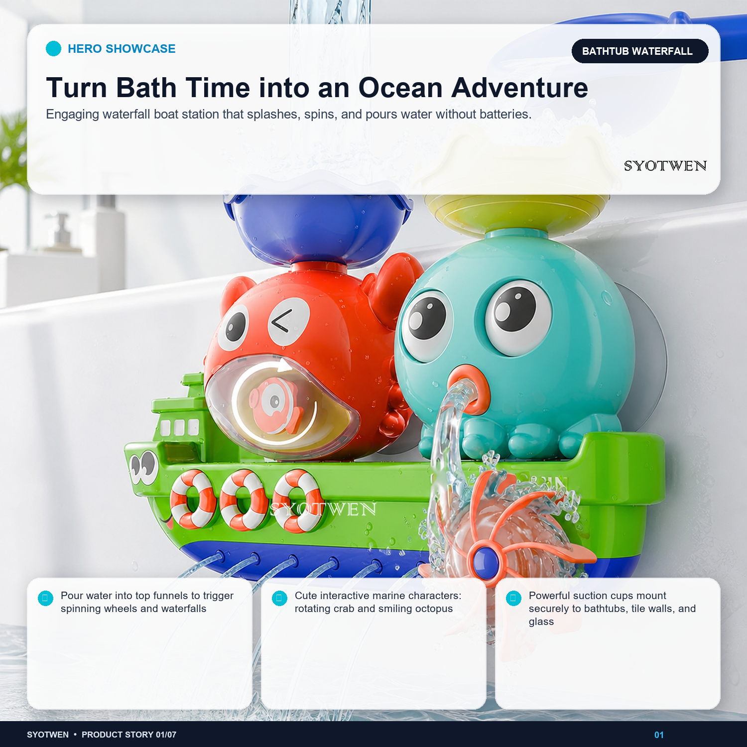 SYOTWEN Bathtub Waterfall Boat & Water Wheel Interactive Bath Toy Set