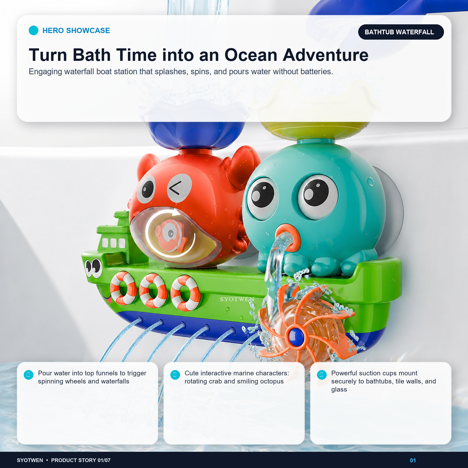 SYOTWEN Bathtub Waterfall Boat & Water Wheel Interactive Bath Toy Set