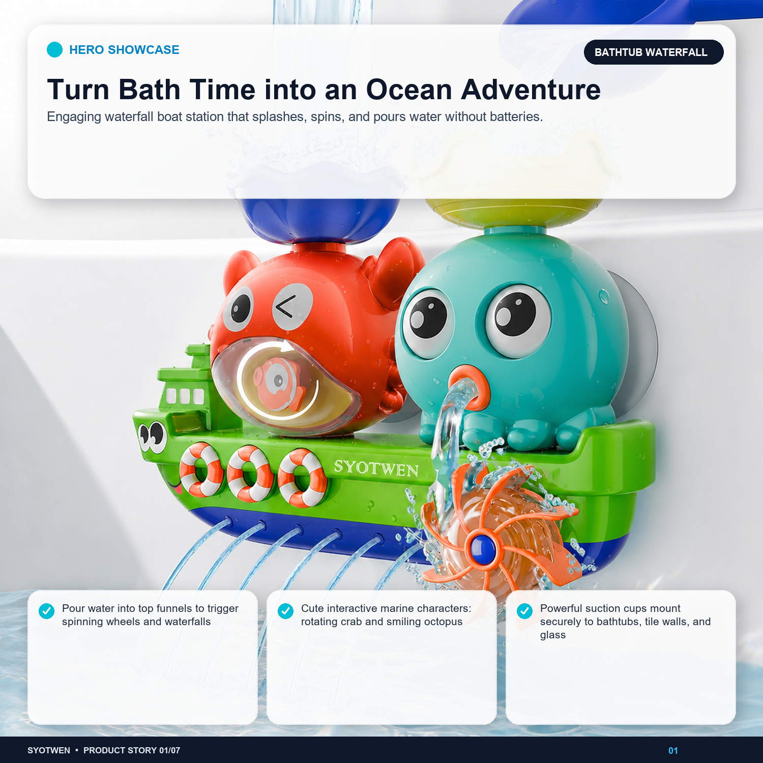 SYOTWEN Bathtub Waterfall Boat & Water Wheel Interactive Bath Toy Set